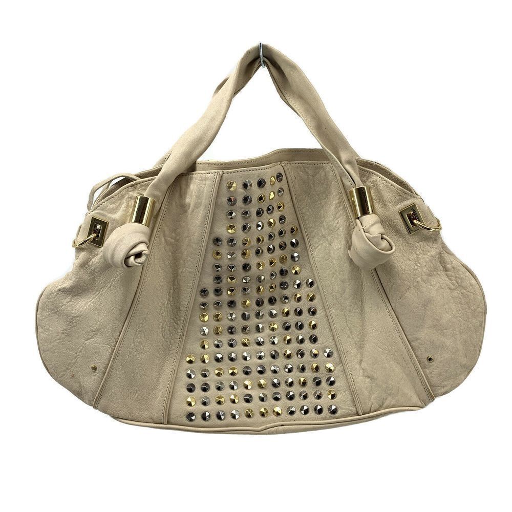 Tre Vero Cream Leather Rock Stud Hobo Handbag